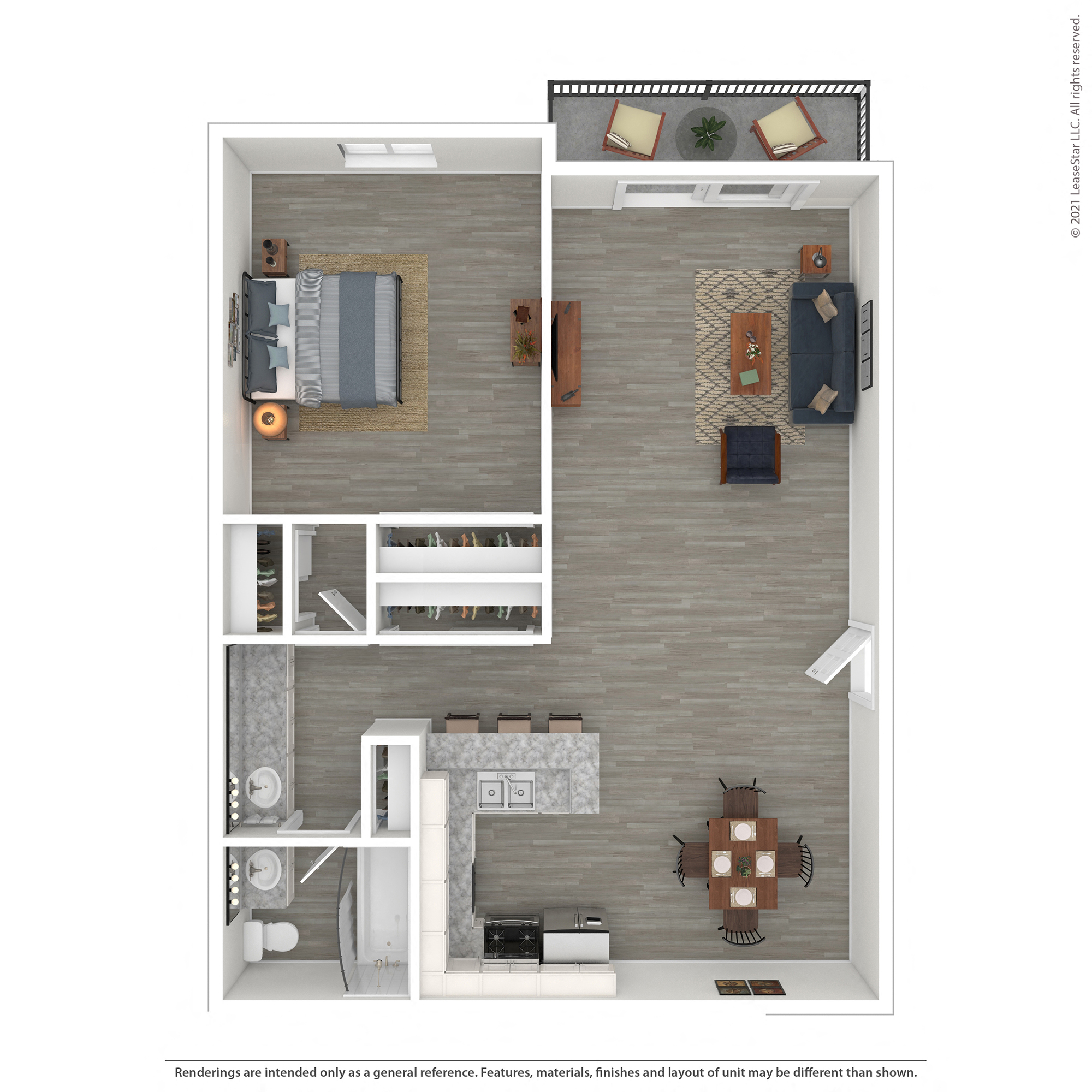 Floor plan for 1 bed, 1 bath, 870 sqft